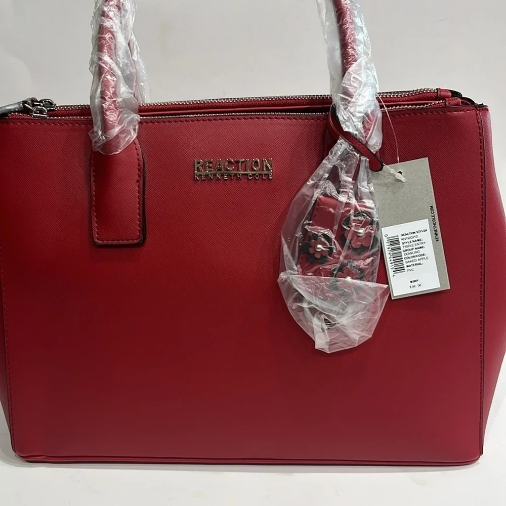 REACTION KENNETH COLE SHOULDER STRAP TRIPLE ENTRY SATCHEL, RED, W/BAG CHARM, NWT